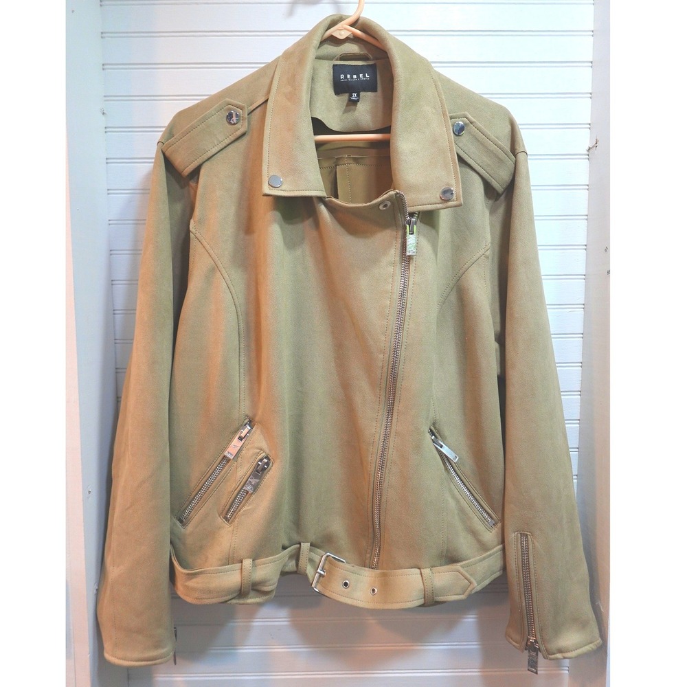 Women's Plus Size 2X Army Green Faux Suede Moto Biker Jacket Zip Front New Rebel